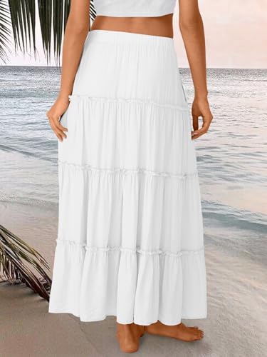 Trendy Queen Long Skirts for Women Boho Maxi Skirt Summer Swing Tiered A-Line Elastic High Waist Dress with Pockets Fashion