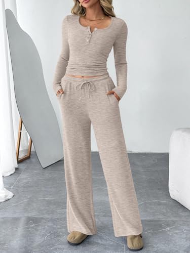 Trendy Queen Women's 2 Piece Matching Lounge Sets Fall Fashion Outfits Henley Neck Sweater Top Wide Leg Pants Sweat Suits