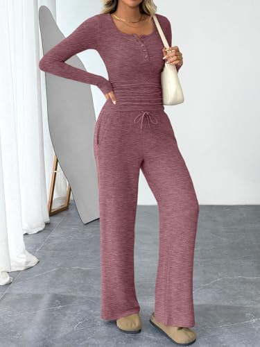 Trendy Queen Women's 2 Piece Matching Lounge Sets Fall Fashion Outfits Henley Neck Sweater Top Wide Leg Pants Sweat Suits