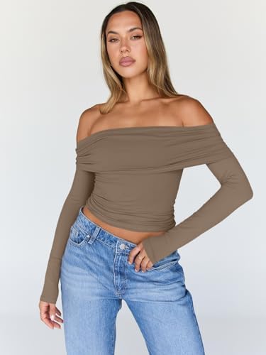 Trendy Queen Women Long Sleeve Shirts Off Shoulder Tops Going Out Crop Sexy Slim Fitted Y2K Fall Outfits 2025 Fashion Clothes