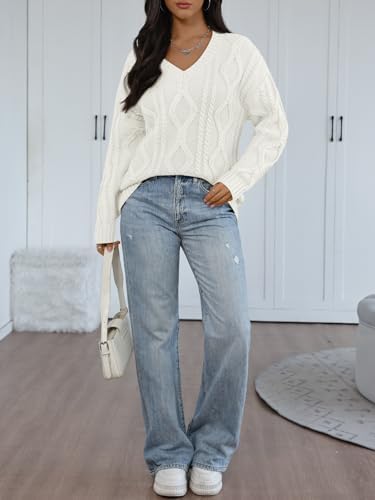 Trendy Queen Oversized Cable Knit Sweaters for Women 2025 Cozy Pullover Knit Fall Outfits V Neck Cute Winter Clothing