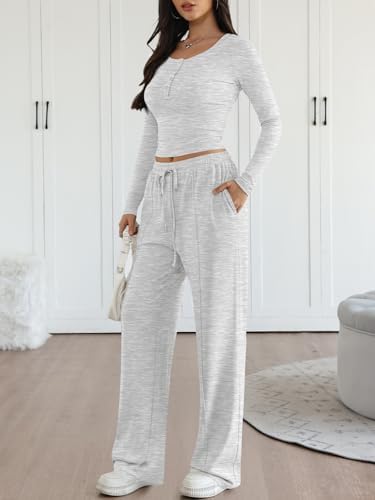 Trendy Queen 2 Piece Matching Lounge Sets for Women Fall Fashion 2025 Two Piece Outfits Henley Crop Tops Wide Leg Pants