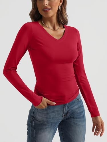 Trendy Queen Long Sleeve Shirts for Women 2025 Fall Fashion V Neck Basics Crop Tops Slim Fitted Y2K Tops Outfits Clothes