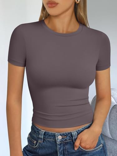 Trendy Queen Womens Short Sleeve T Shirts Summer Crop Tops Basic Slim Fit Gym Workout Y2k Clothes