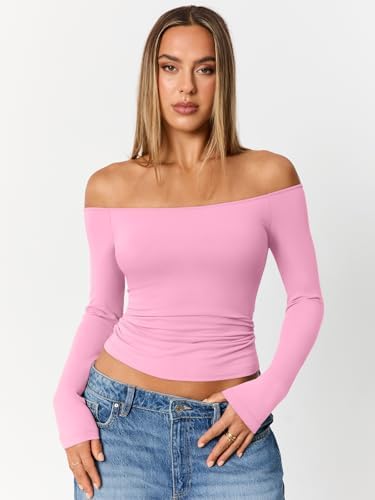 Trendy Queen Womens Long Sleeve Off The Shoulder Tops Going Out Cute Basic Y2K Fall Fashion 2025 Outfits Clothes