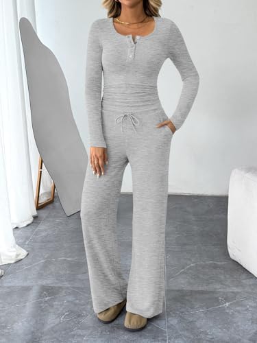 Trendy Queen Women's 2 Piece Matching Lounge Sets Fall Fashion Outfits Henley Neck Sweater Top Wide Leg Pants Sweat Suits