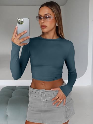 Trendy Queen Womens Long Sleeve Crop Tops Basic Slim Fitted Shirts Fashion 2025 Going Out Y2k Tops Teen Girl Clothes