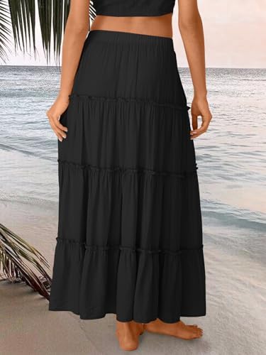 Trendy Queen Long Skirts for Women Boho Maxi Skirt Summer Swing Tiered A-Line Elastic High Waist Dress with Pockets Fashion