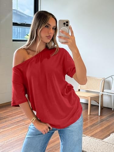 Trendy Queen Womens Off The Shoulder Tops Oversized T-Shirts Short Sleeve Tees Summer 2025 Casual Spring Fashion Clothes