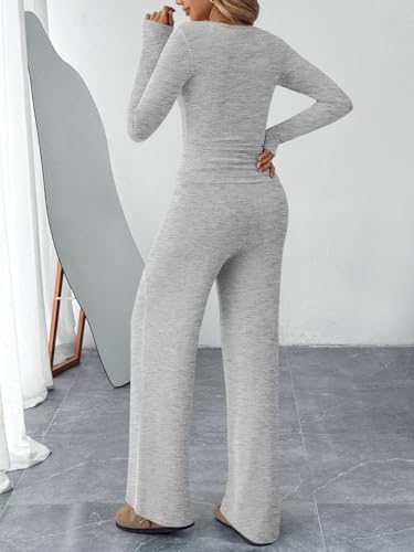 Trendy Queen Women's 2 Piece Matching Lounge Sets Fall Fashion Outfits Henley Neck Sweater Top Wide Leg Pants Sweat Suits