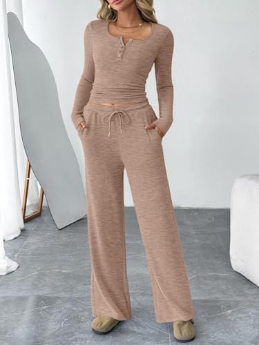 Trendy Queen Women's 2 Piece Matching Lounge Sets Fall Fashion Outfits Henley Neck Sweater Top Wide Leg Pants Sweat Suits