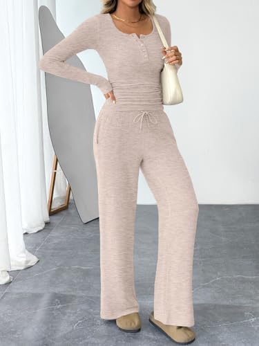 Trendy Queen Women's 2 Piece Matching Lounge Sets Fall Fashion Outfits Henley Neck Sweater Top Wide Leg Pants Sweat Suits