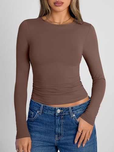 Trendy Queen Womens Long Sleeve Shirts Crop Tops Fall Fashion 2025 Going Out Basic Winter Clothes