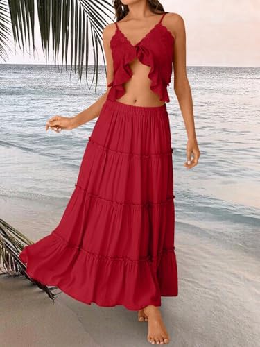 Trendy Queen Long Skirts for Women Boho Maxi Skirt Summer Swing Tiered A-Line Elastic High Waist Dress with Pockets Fashion