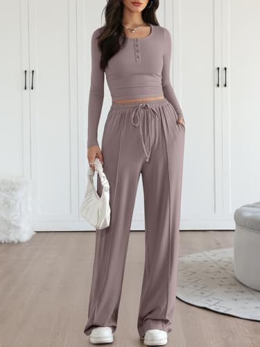 Trendy Queen 2 Piece Matching Lounge Sets for Women Fall Fashion 2025 Two Piece Outfits Henley Crop Tops Wide Leg Pants