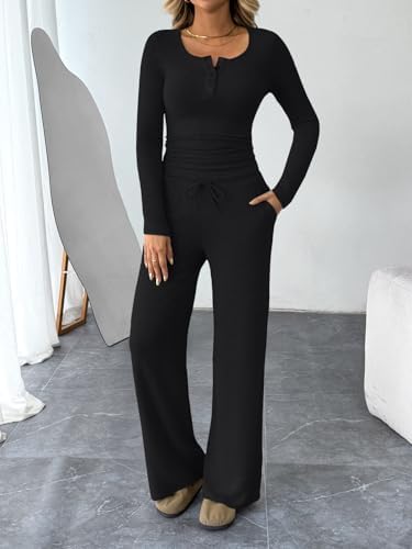 Trendy Queen Women's 2 Piece Matching Lounge Sets Fall Fashion Outfits Henley Neck Sweater Top Wide Leg Pants Sweat Suits