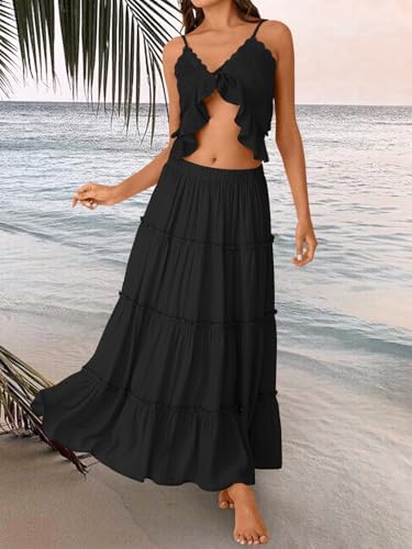 Trendy Queen Long Skirts for Women Boho Maxi Skirt Summer Swing Tiered A-Line Elastic High Waist Dress with Pockets Fashion