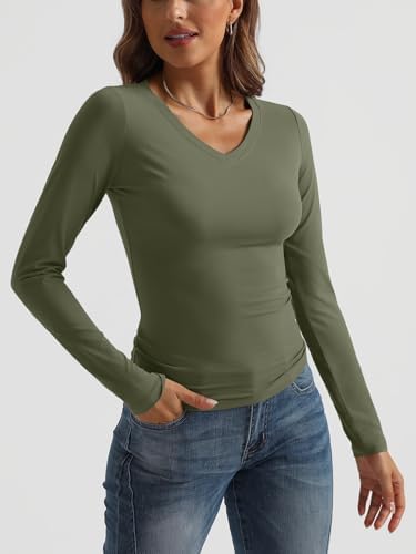 Trendy Queen Long Sleeve Shirts for Women 2025 Fall Fashion V Neck Basics Crop Tops Slim Fitted Y2K Tops Outfits Clothes