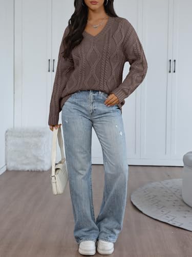 Trendy Queen Oversized Cable Knit Sweaters for Women 2025 Cozy Pullover Knit Fall Outfits V Neck Cute Winter Clothing