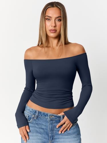 Trendy Queen Womens Long Sleeve Off The Shoulder Tops Going Out Cute Basic Y2K Fall Fashion 2025 Outfits Clothes