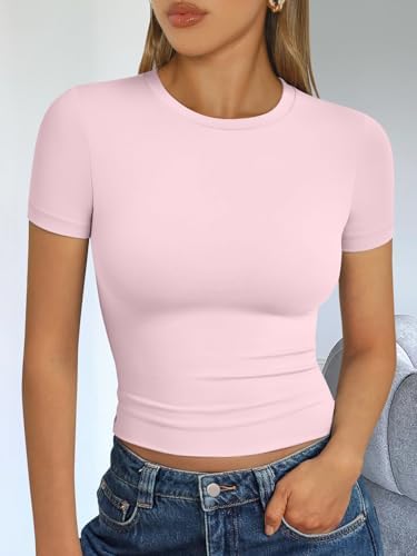 Trendy Queen Womens Short Sleeve T Shirts Summer Crop Tops Basic Slim Fit Gym Workout Y2k Clothes