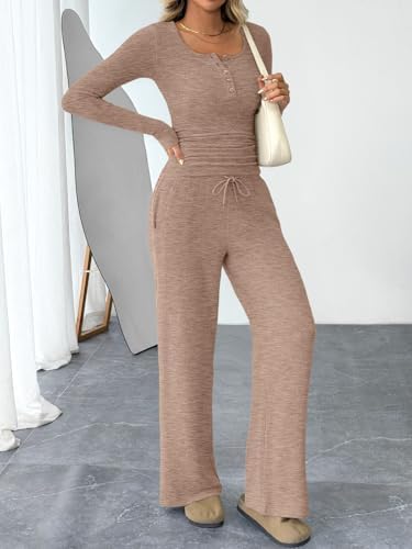 Trendy Queen Women's 2 Piece Matching Lounge Sets Fall Fashion Outfits Henley Neck Sweater Top Wide Leg Pants Sweat Suits