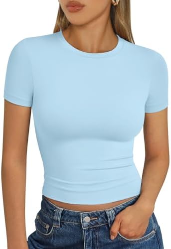 Trendy Queen Womens Short Sleeve T Shirts Summer Crop Tops Basic Slim Fit Gym Workout Y2k Clothes