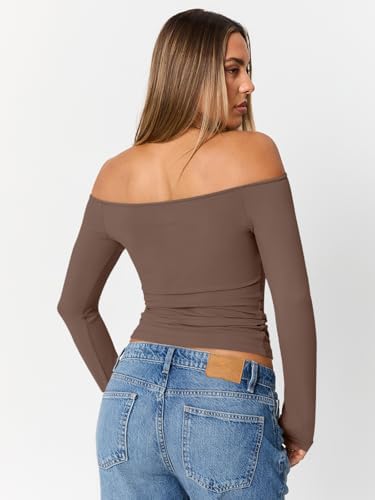 Trendy Queen Womens Long Sleeve Off The Shoulder Tops Going Out Cute Basic Y2K Fall Fashion 2025 Outfits Clothes