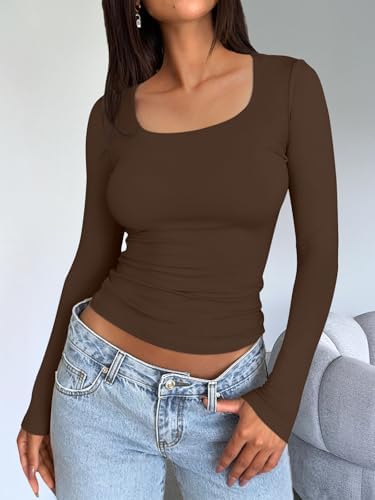 Trendy Queen Womens Long Sleeve Shirts Crop Tops Fall Fashion 2025 Square Neck Going Out Basics Tees Y2k Clothes