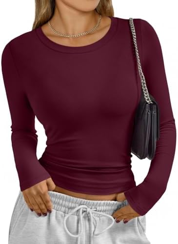 Trendy Queen Womens Long Sleeve T-Shirts Basic Crop Tops 2025 Fall Fashion Outfits Going Out Winter Clothes