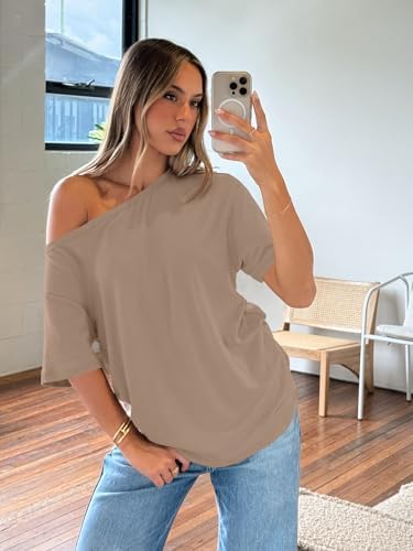Trendy Queen Womens Off The Shoulder Tops Oversized T-Shirts Short Sleeve Tees Summer 2025 Casual Spring Fashion Clothes
