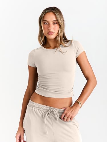 Trendy Queen 2 Piece Matching Summer Sweatsuit Lounge Set Womens Wide Leg Pants Side Ruching Crop Top Sets