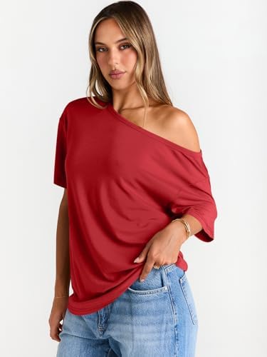 Trendy Queen Womens Off The Shoulder Tops Oversized T-Shirts Short Sleeve Tees Summer 2025 Casual Spring Fashion Clothes