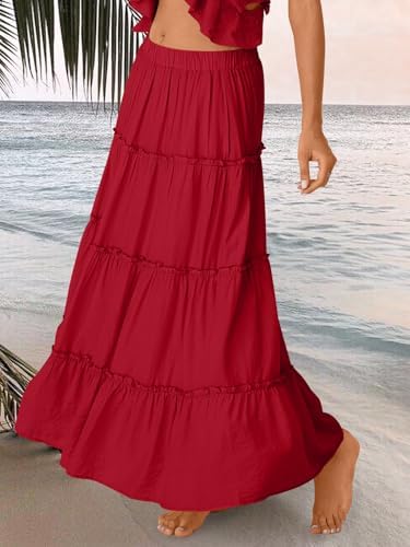 Trendy Queen Long Skirts for Women Boho Maxi Skirt Summer Swing Tiered A-Line Elastic High Waist Dress with Pockets Fashion