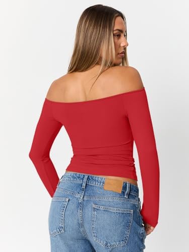 Trendy Queen Womens Long Sleeve Off The Shoulder Tops Going Out Cute Basic Y2K Fall Fashion 2025 Outfits Clothes