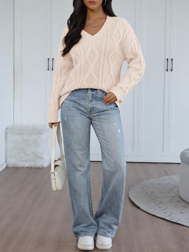 Trendy Queen Oversized Cable Knit Sweaters for Women 2025 Cozy Pullover Knit Fall Outfits V Neck Cute Winter Clothing