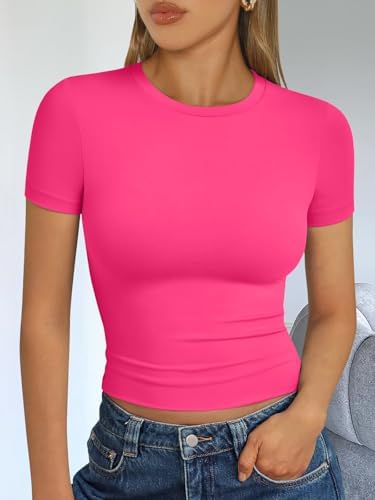 Trendy Queen Womens Short Sleeve T Shirts Summer Crop Tops Basic Slim Fit Gym Workout Y2k Clothes