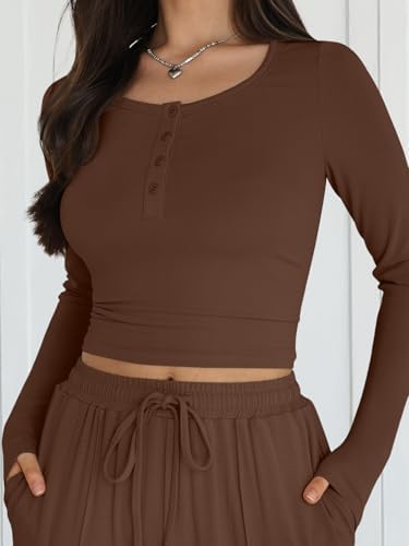 Trendy Queen 2 Piece Matching Lounge Sets for Women Fall Fashion 2025 Two Piece Outfits Henley Crop Tops Wide Leg Pants