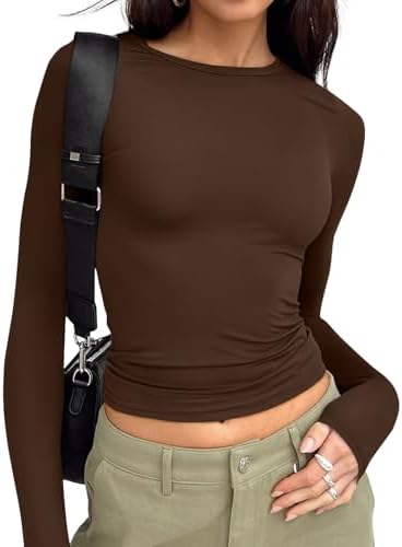 Trendy Queen Womens Long Sleeve T Shirts Fall Fashion 2025 Basic Crop Tops Going Out Outfits Y2k Clothes