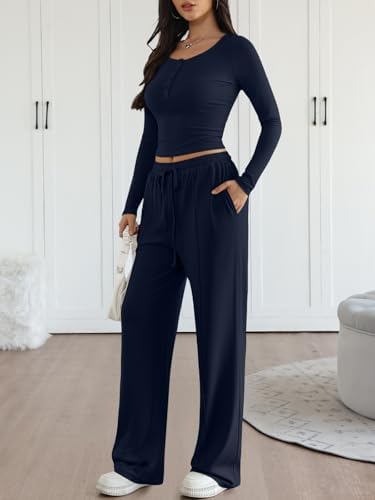 Trendy Queen 2 Piece Matching Lounge Sets for Women Fall Fashion 2025 Two Piece Outfits Henley Crop Tops Wide Leg Pants