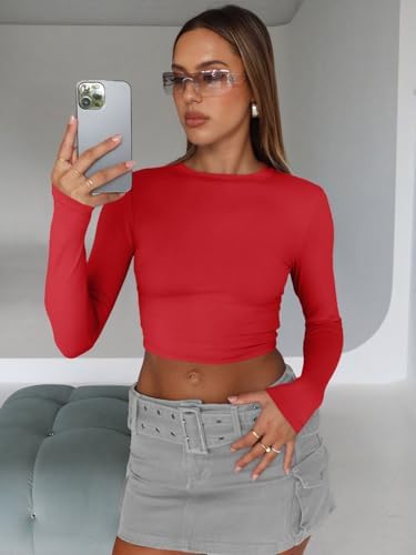 Trendy Queen Womens Long Sleeve Crop Tops Basic Slim Fitted Shirts Fashion 2025 Going Out Y2k Tops Teen Girl Clothes