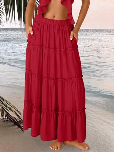 Trendy Queen Long Skirts for Women Boho Maxi Skirt Summer Swing Tiered A-Line Elastic High Waist Dress with Pockets Fashion
