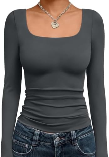 Trendy Queen Womens Long Sleeve Shirts Crop Tops Fall Fashion 2025 Square Neck Going Out Basics Tees Y2k Clothes