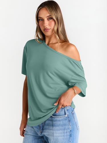 Trendy Queen Womens Off The Shoulder Tops Oversized T-Shirts Short Sleeve Tees Summer 2025 Casual Spring Fashion Clothes