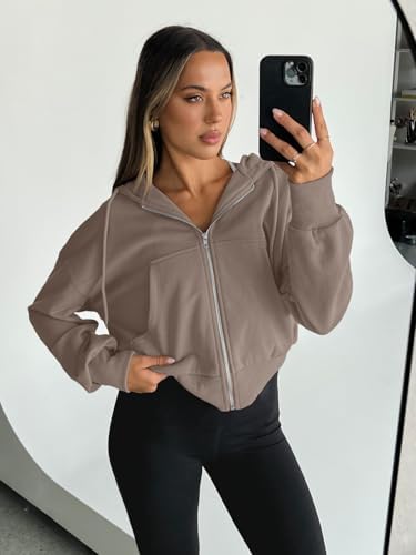 Trendy Queen Hoodies for Women Full Zip Up Cropped Sweatshirts Jackets Casual Comfy Gym Tops Fall Outfits Winter Clothes 2025