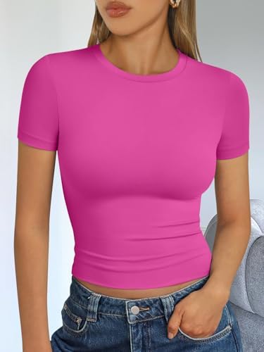 Trendy Queen Womens Short Sleeve T Shirts Summer Crop Tops Basic Slim Fit Gym Workout Y2k Clothes