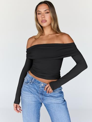 Trendy Queen Women Long Sleeve Shirts Off Shoulder Tops Going Out Crop Sexy Slim Fitted Y2K Fall Outfits 2025 Fashion Clothes