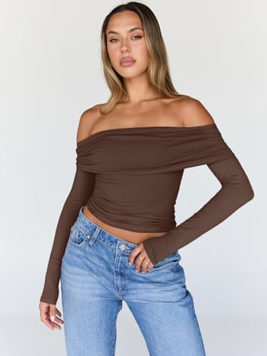 Trendy Queen Women Long Sleeve Shirts Off Shoulder Tops Going Out Crop Sexy Slim Fitted Y2K Fall Outfits 2025 Fashion Clothes
