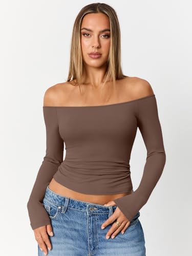 Trendy Queen Womens Long Sleeve Off The Shoulder Tops Going Out Cute Basic Y2K Fall Fashion 2025 Outfits Clothes