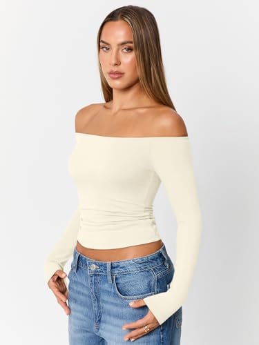 Trendy Queen Womens Long Sleeve Off The Shoulder Tops Going Out Cute Basic Y2K Fall Fashion 2025 Outfits Clothes